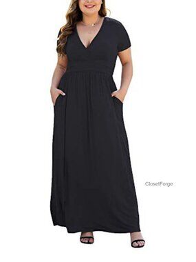 Plus Size Maxi Dress V-Neck Short Sleeve Rayon Spandex Pockets